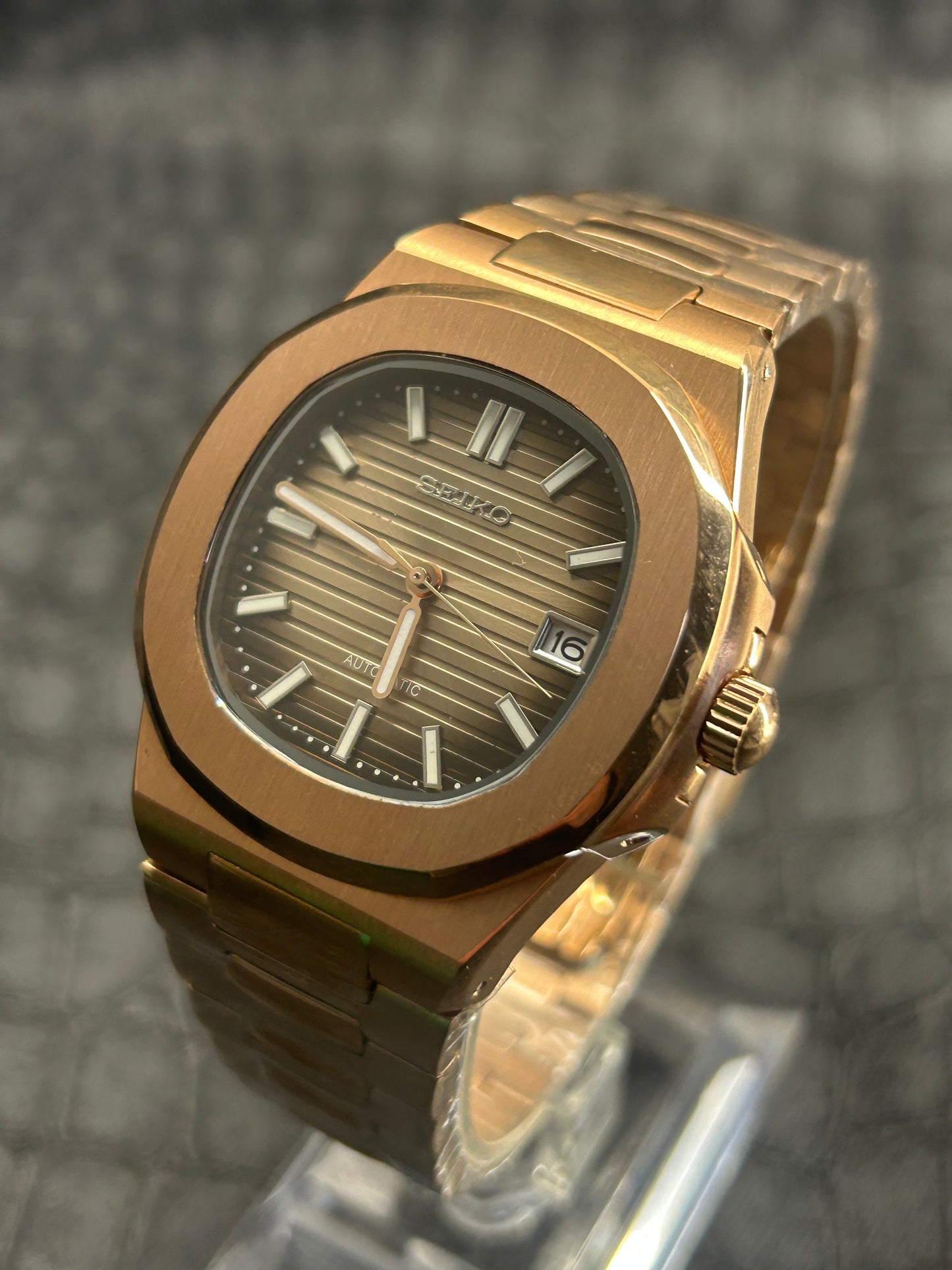 Seiko Mod Rose Gold Nautiko Stainless Steel Open Back Custom Watch