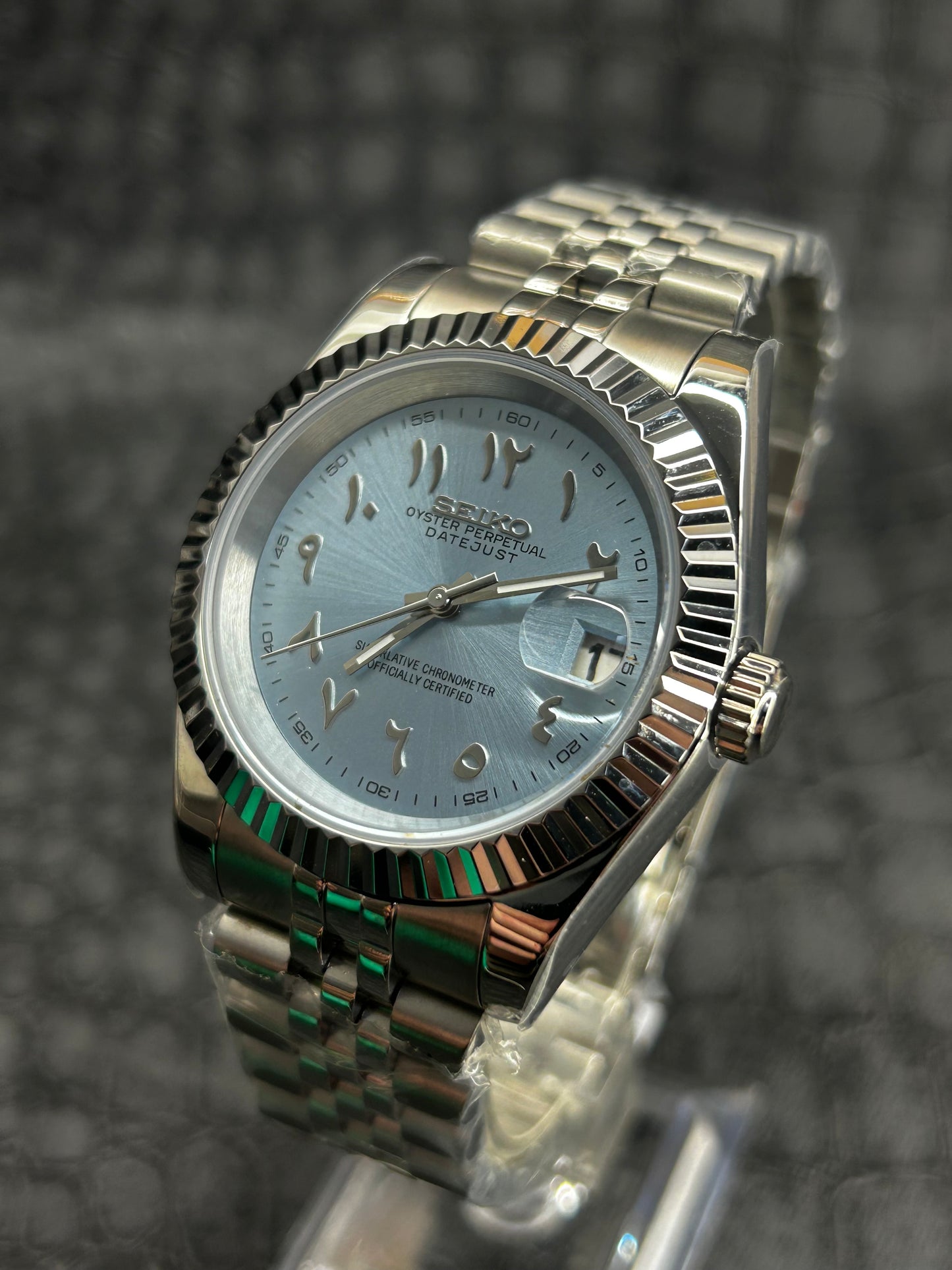 Seiko mod blue light blue turquoise Arabic Custom Dial Watch