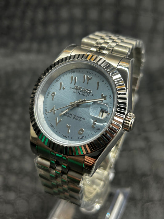 Seiko mod blue light blue turquoise Arabic Custom Dial Watch