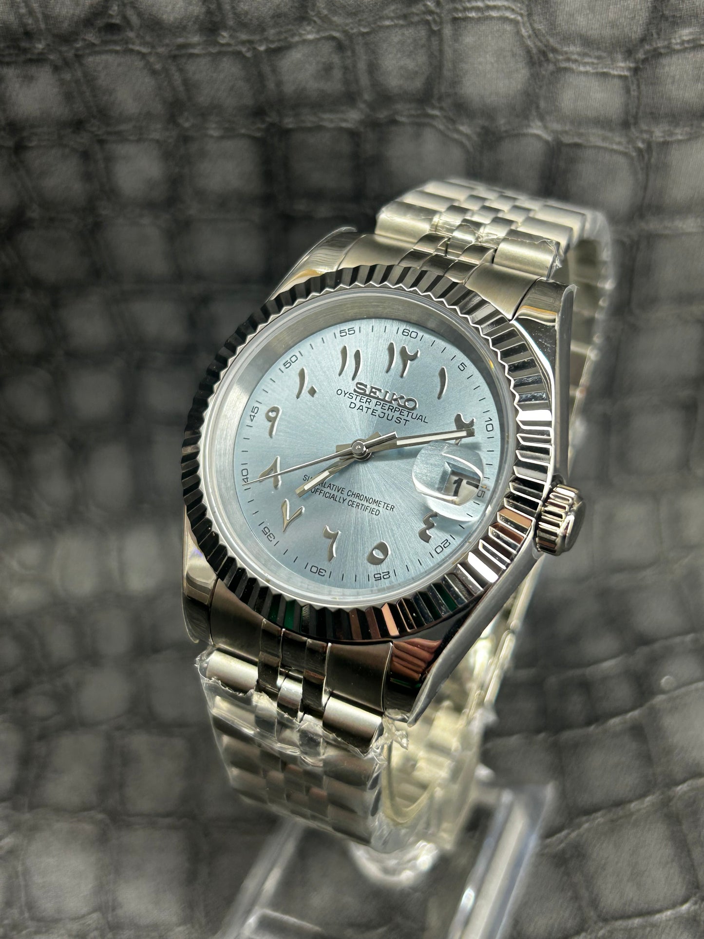 Seiko mod blue light blue turquoise Arabic Custom Dial Watch