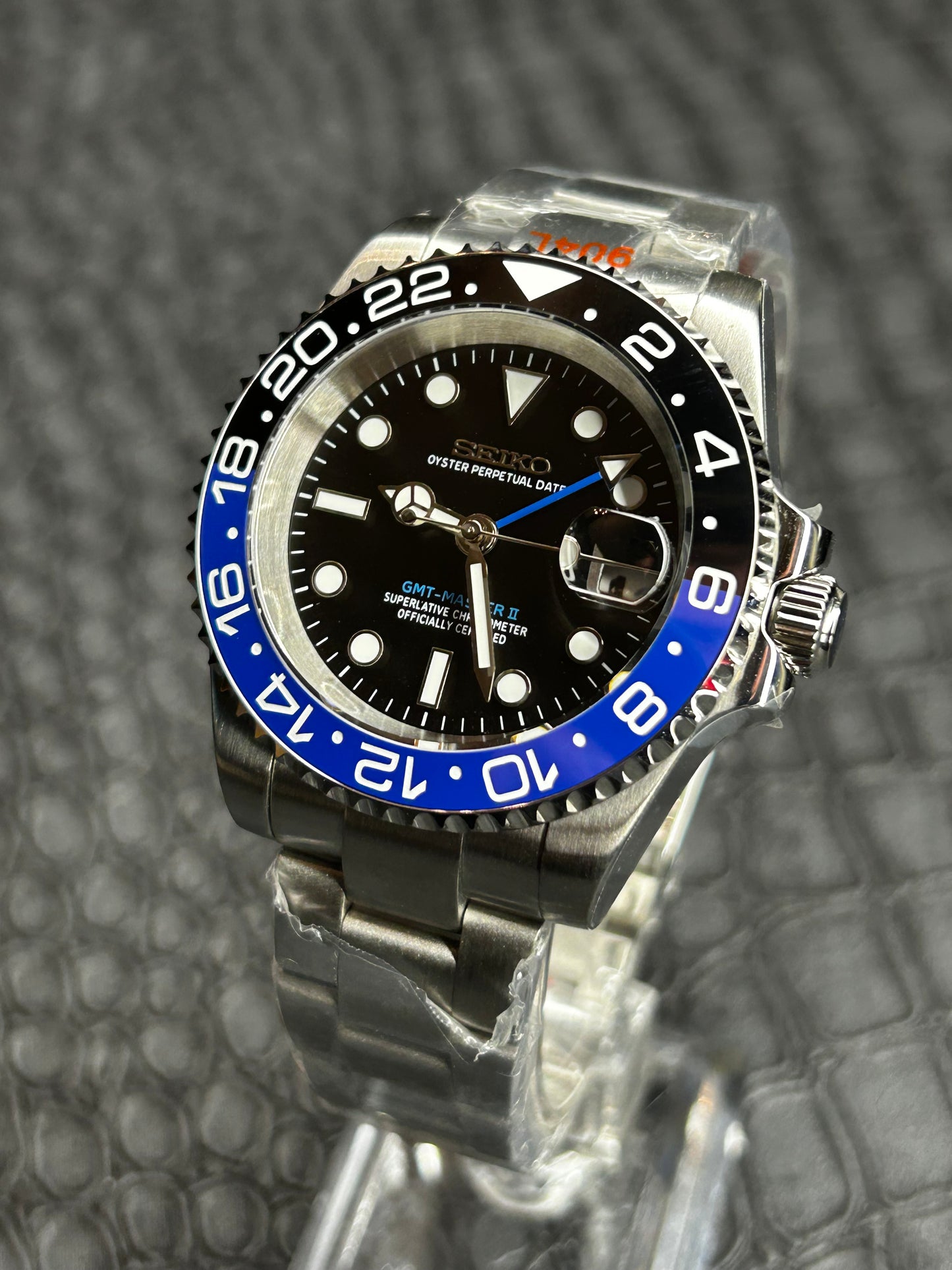 Seiko mod Batman Oyster GMT Open Back Stainless Steel Watch