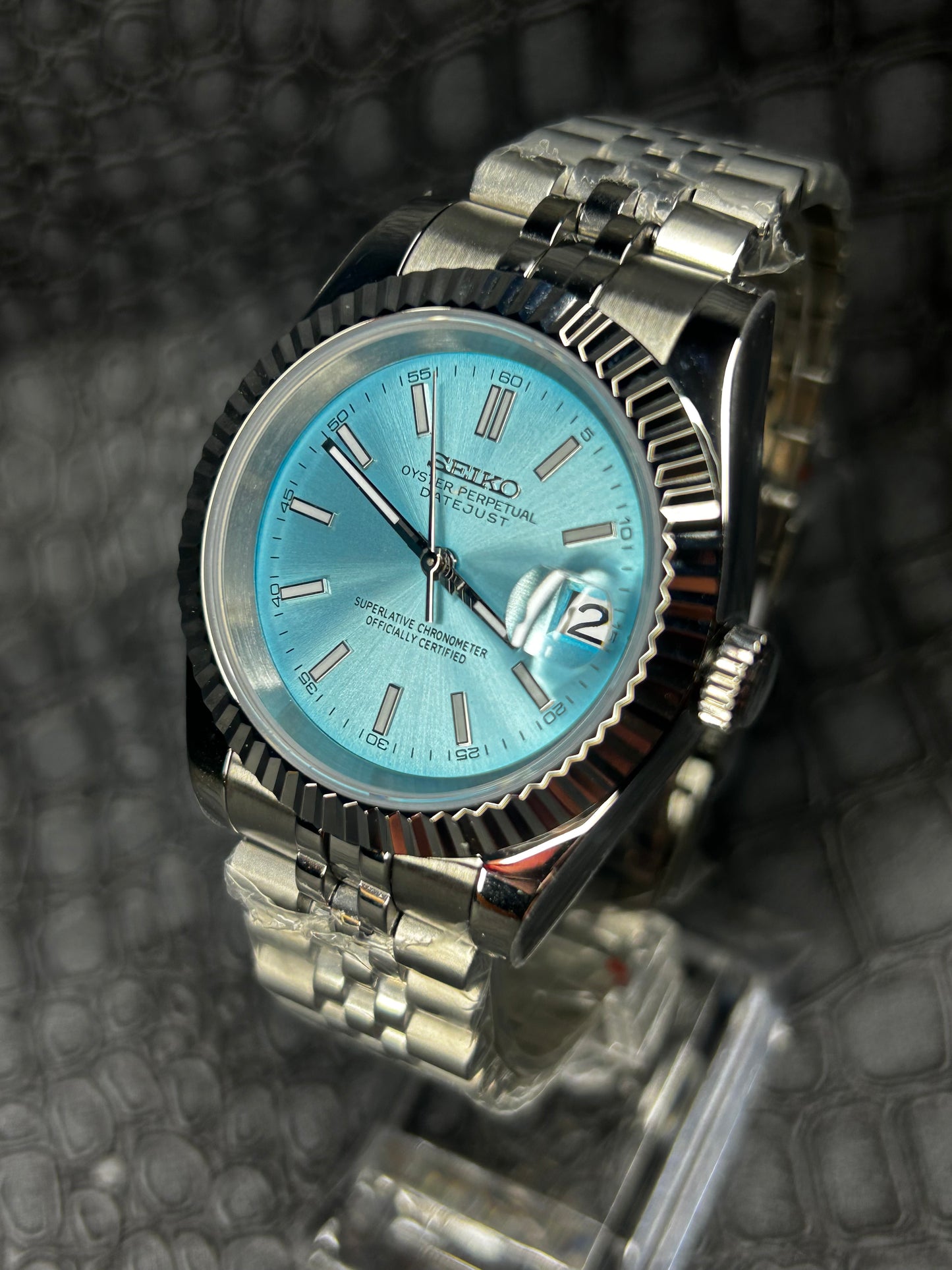 Seiko mod turquoise dial oyster perpetual seikojust custom jubilee watch