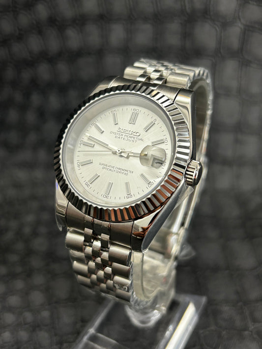 Seikojust mod silver white oyster perpetual seikojust dial jubilee open back