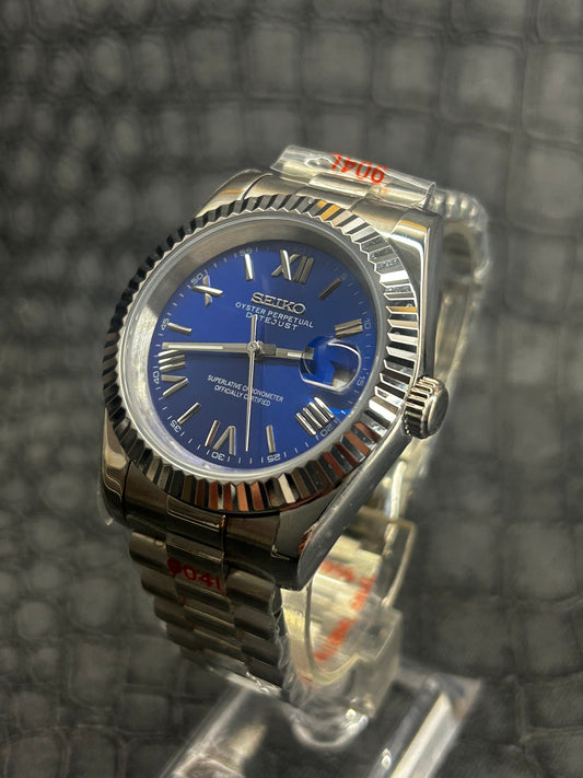 Seiko mod Midnight blue holographic Roman dial Presidential custom watch